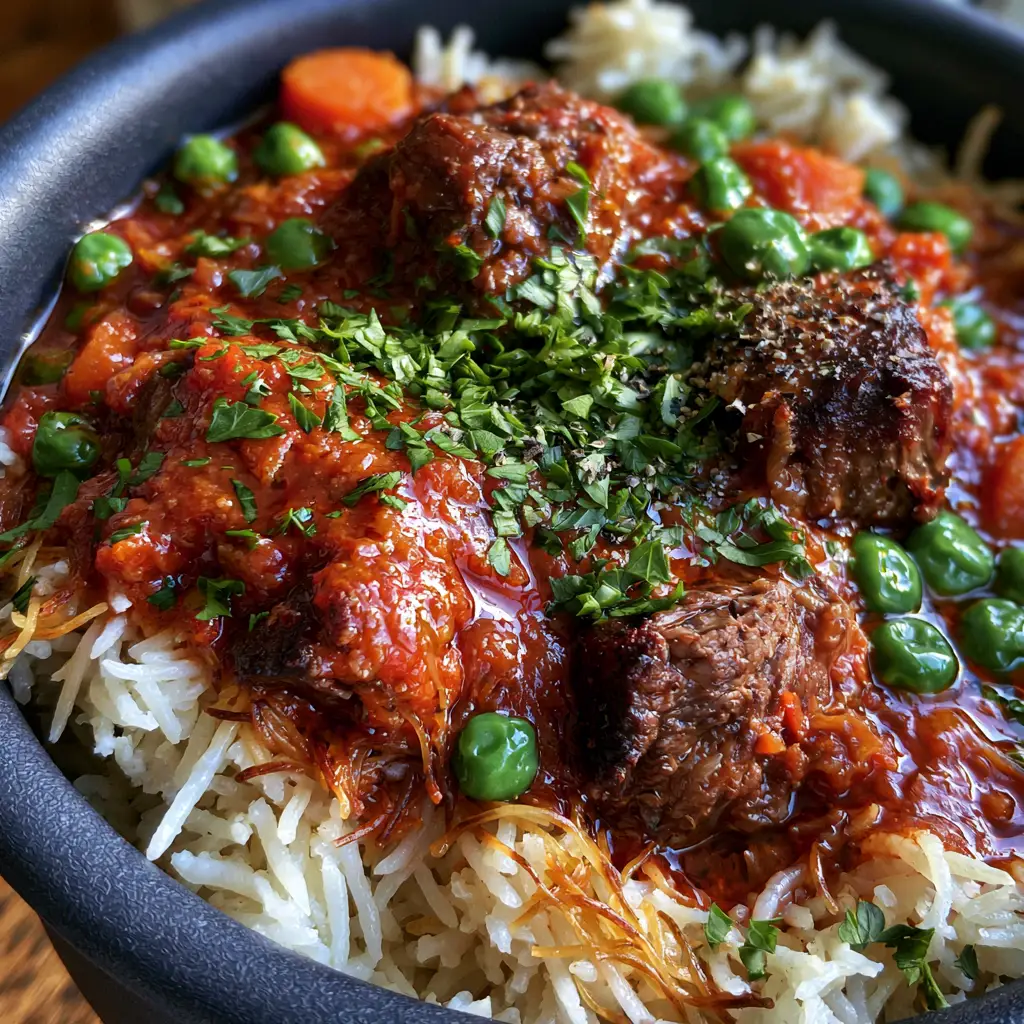 Lebanese Beef Stew (Bazella w Riz) with Toasted Vermicelli Rice 2 Close-up of crimson tomato broth with emerald green peas and tender carrots in a rustic blue pot. (Lebanese beef stew)