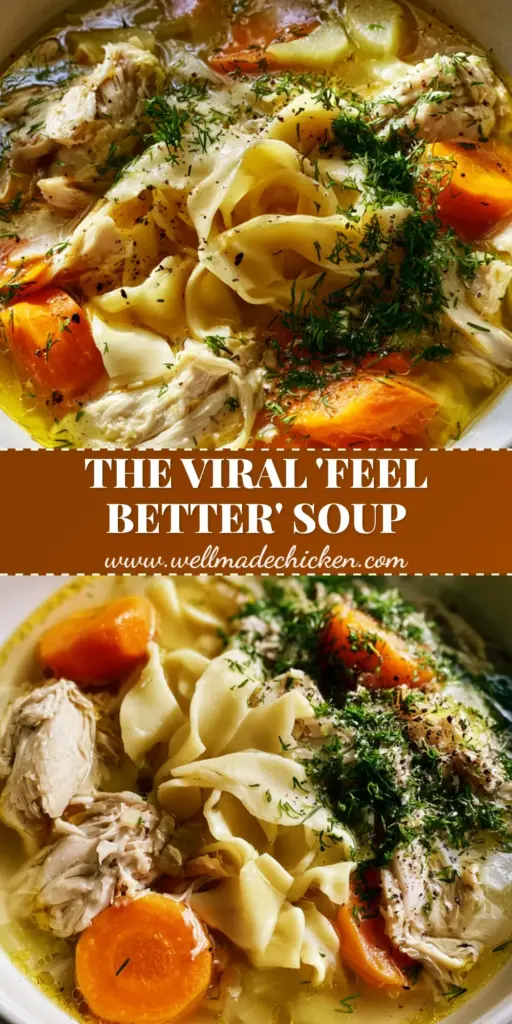 An overhead view of a matte white bowl filled with clear golden homemade chicken soup, shredded chicken, thick carrots, and fresh dill.