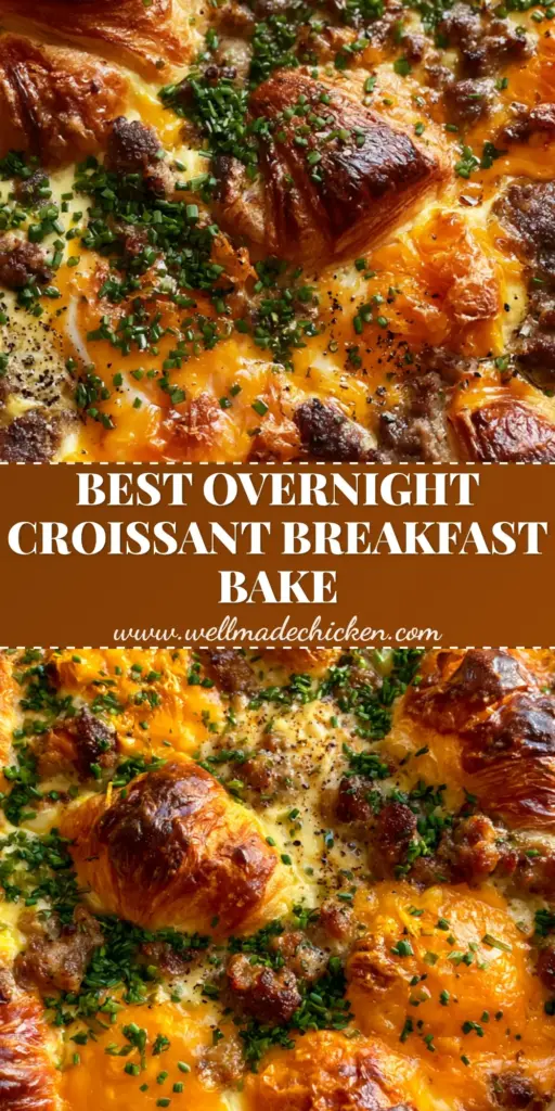 Sausage Croissant Breakfast Casserole With Sharp Cheddar 4 A close-up of a sausage croissant breakfast casserole in a stoneware dish with golden brown peaks and fresh chives.