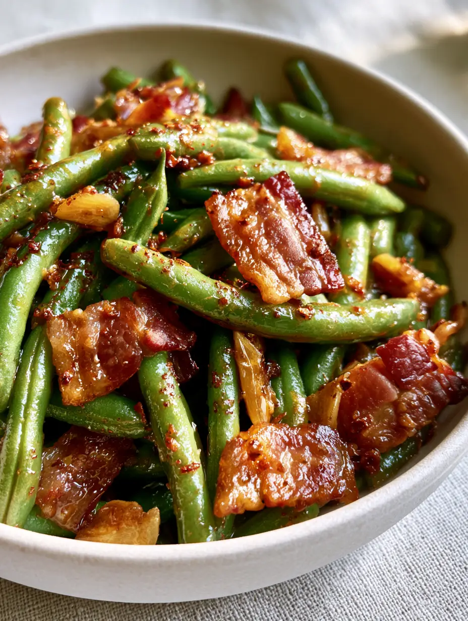 Crack Green Beans with Crispy Bacon and Brown Sugar Glaze 4 Macro high-angle shot of tender-crisp crack green beans coated in syrupy brown sugar glaze with red pepper flakes.