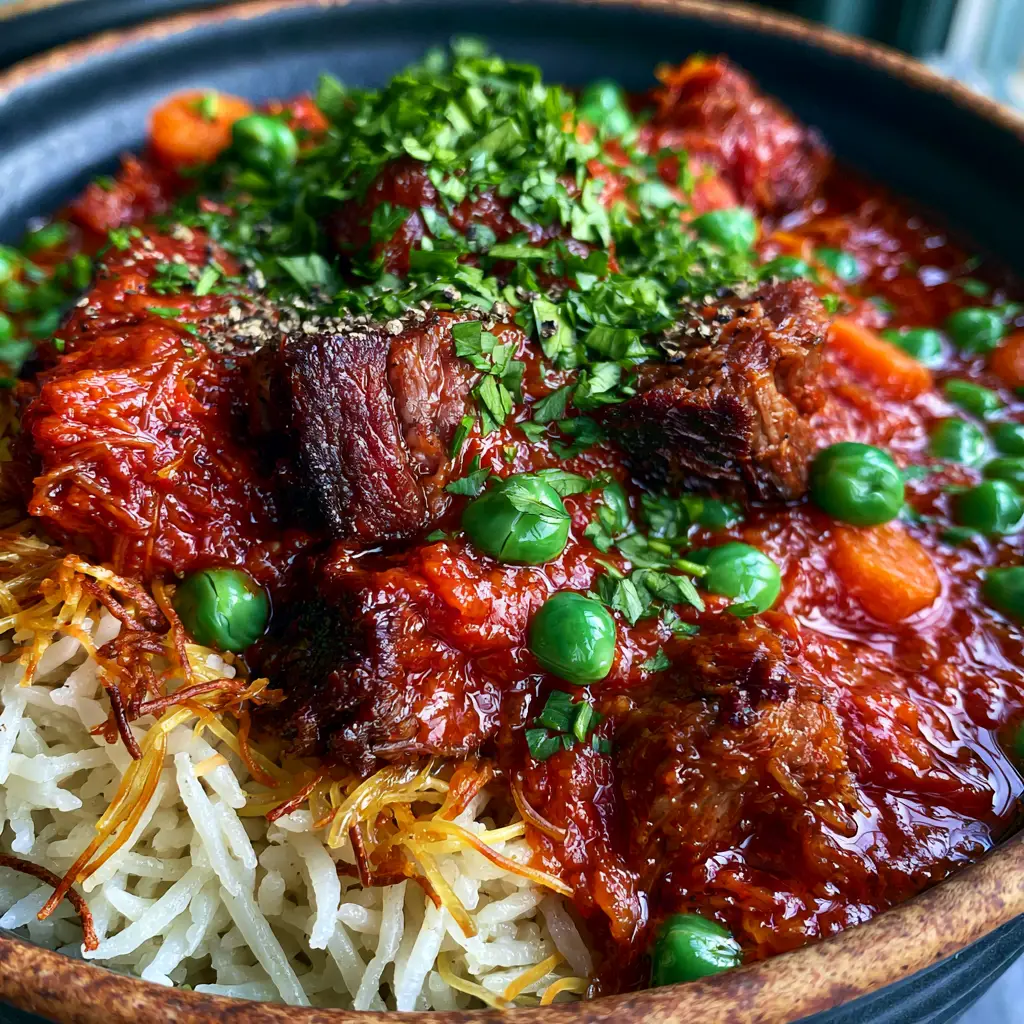 Lebanese Beef Stew (Bazella w Riz) with Toasted Vermicelli Rice 1 Extreme close-up of fluffy long-grain basmati rice mixed with golden toasted vermicelli noodles.