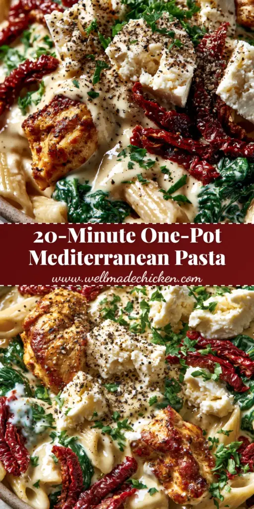 Mediterranean Chicken Feta Pasta with Sun-Dried Tomatoes 3 A rustic ceramic bowl of Mediterranean Chicken Feta Pasta with golden chicken, sun-dried tomatoes, and melting feta crumbles.