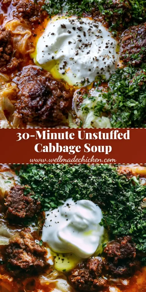 Cabbage Roll Soup: The Ultimate Hearty One-Pot Recipe 4 A top-down view of cabbage roll soup in a ceramic bowl with seared beef, cabbage ribbons, and a dollop of sour cream. (cabbage roll soup)