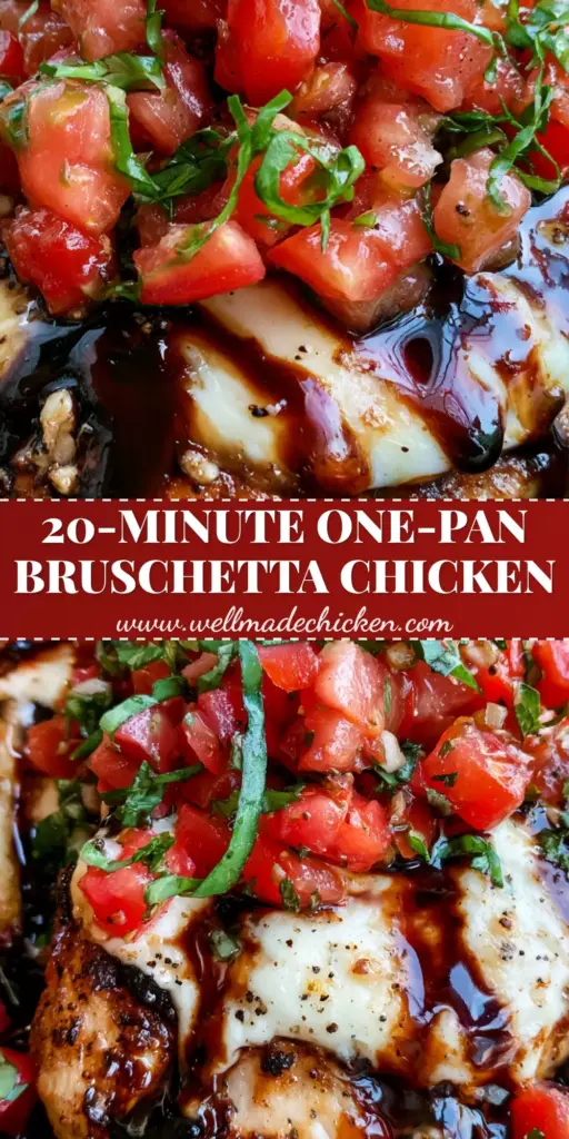 Bruschetta Chicken with Melted Mozzarella and Thick Balsamic Glaze 3 A top-down view of a cast iron skillet containing seared bruschetta chicken topped with bubbly mozzarella and a thick balsamic glaze.