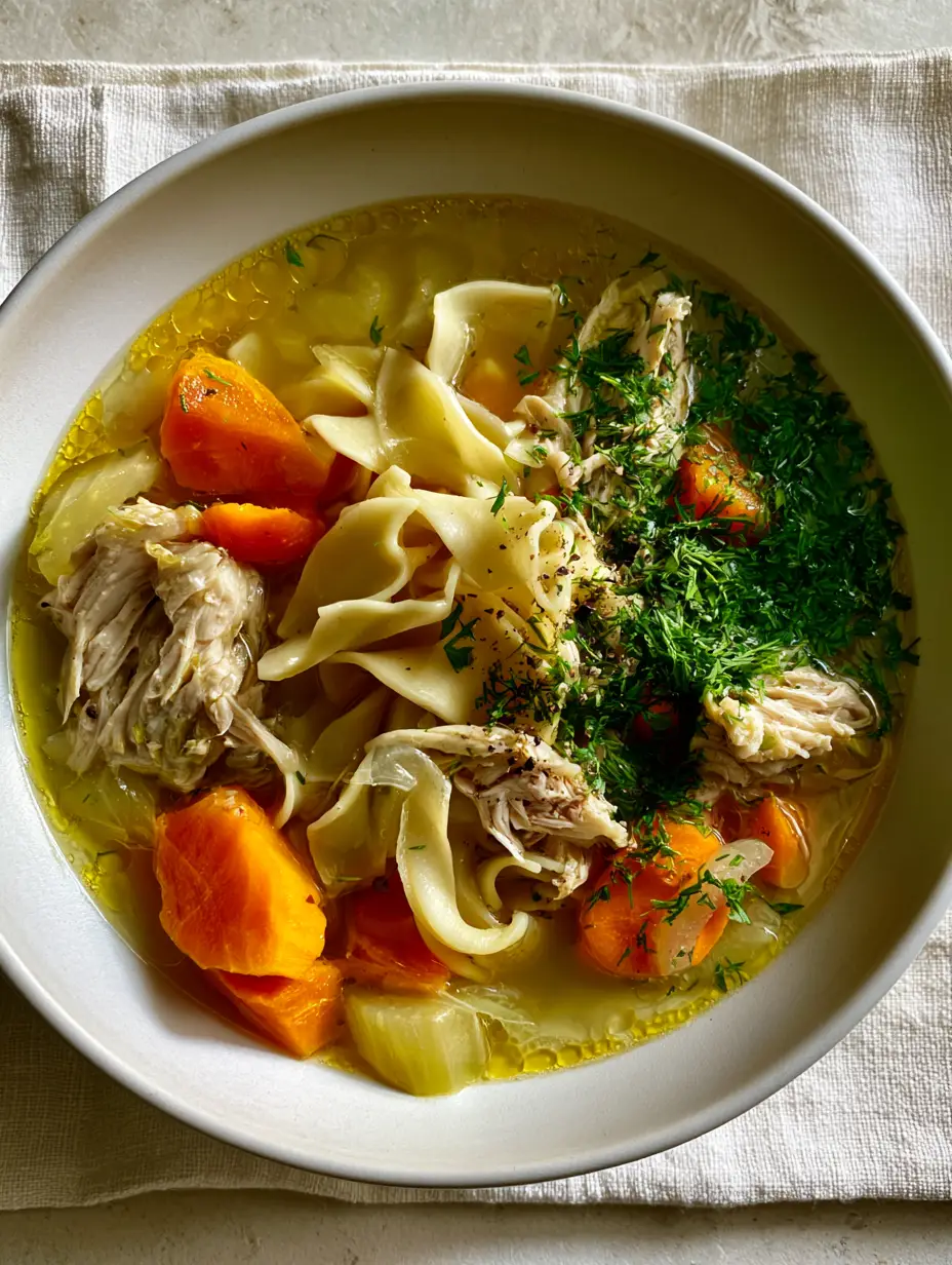 Close up of homemade chicken soup in a white bowl showing glistening fat droplets and wide ribbon noodles.