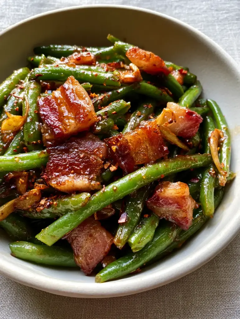 Crack Green Beans with Crispy Bacon and Brown Sugar Glaze 1 Sautéed crack green beans with thick-cut bacon chunks and golden garlic in a rustic white bowl.