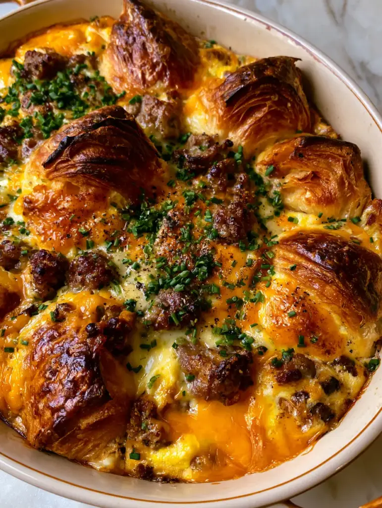 Top-down view of a golden-brown sausage croissant breakfast casserole showing flaky layers and melted cheddar cheese.