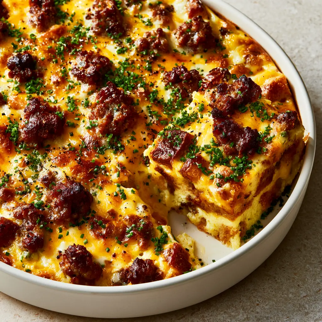High-angle view of a sausage and cheese breakfast casserole in a matte white dish with a bubbling golden-brown cheese crust and fresh chives.