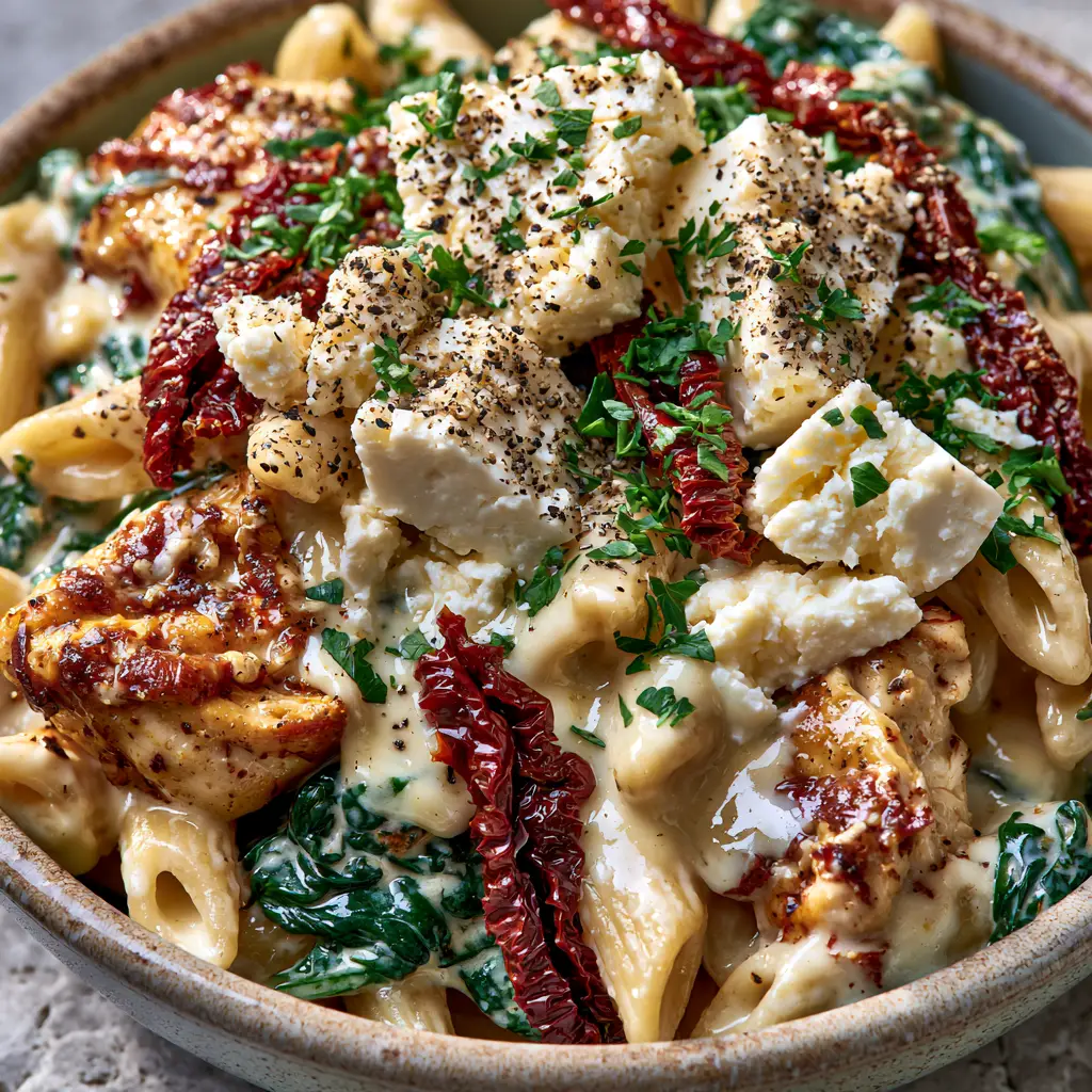 Mediterranean Chicken Feta Pasta with Sun-Dried Tomatoes 2 Extreme macro close-up of thick lemon garlic cream sauce coating penne pasta and golden-brown chicken. (Mediterranean Chicken Feta Pasta)