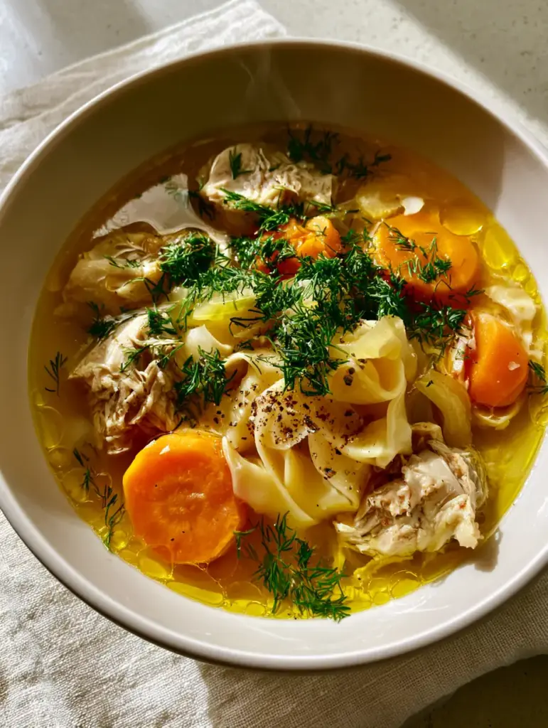 Wide ribbon egg noodles and thick carrots in a bowl of homemade chicken soup with rising steam.