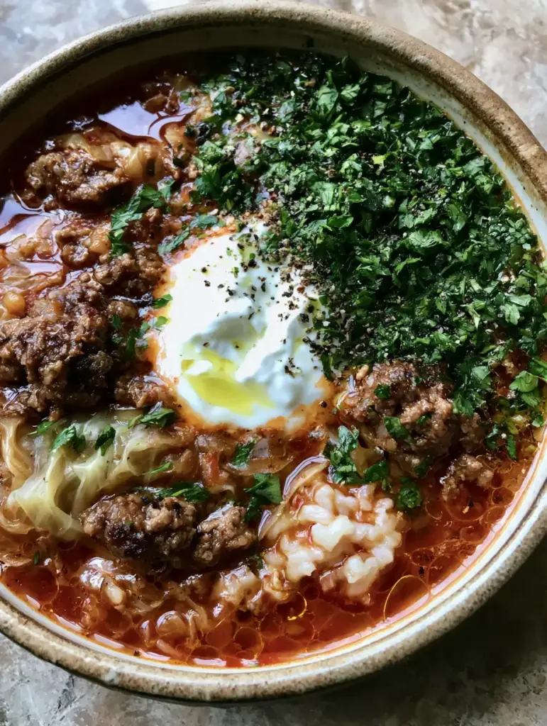 Cabbage Roll Soup: The Ultimate Hearty One-Pot Recipe 2 Close up of cabbage roll soup showing glossy tomato broth, shimmering olive oil, and seared ground beef crumbles. (cabbage roll soup)
