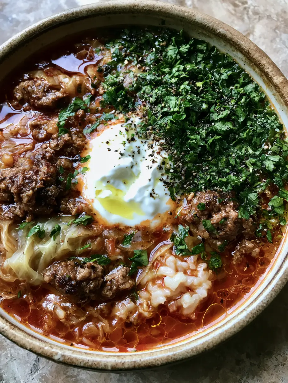 Cabbage Roll Soup: The Ultimate Hearty One-Pot Recipe 3 Close up of cabbage roll soup showing glossy tomato broth, shimmering olive oil, and seared ground beef crumbles. (cabbage roll soup)
