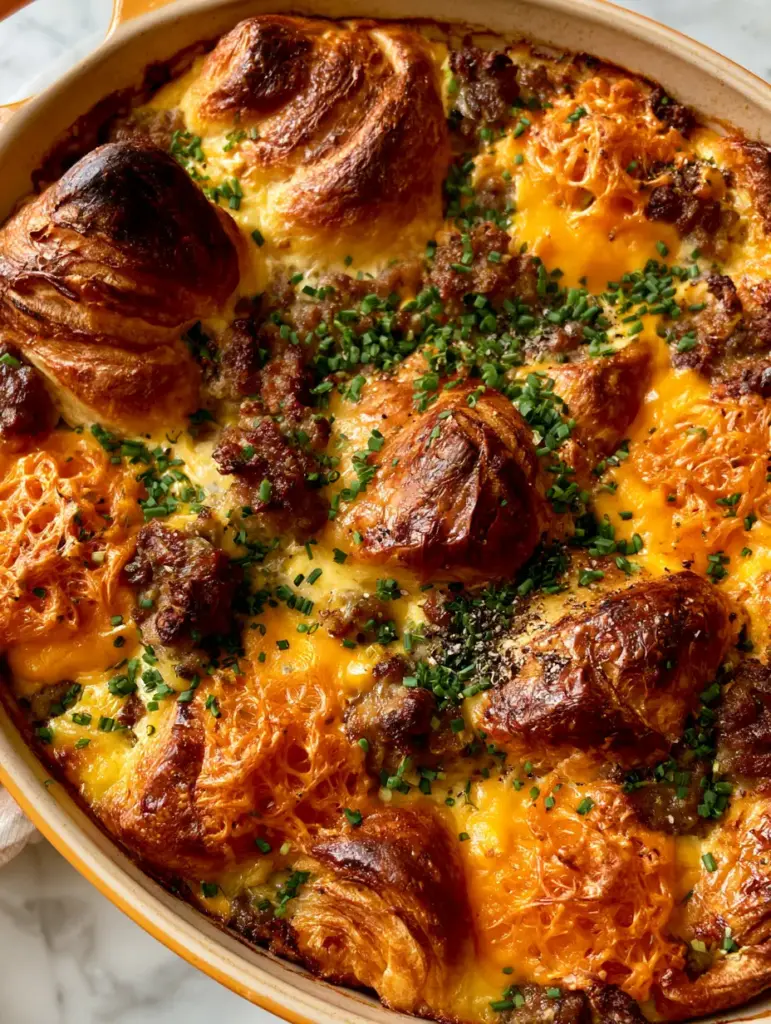 Sausage Croissant Breakfast Casserole With Sharp Cheddar 1 Close-up of sausage croissant breakfast casserole crevices showing set egg custard and browned sausage crumbles.