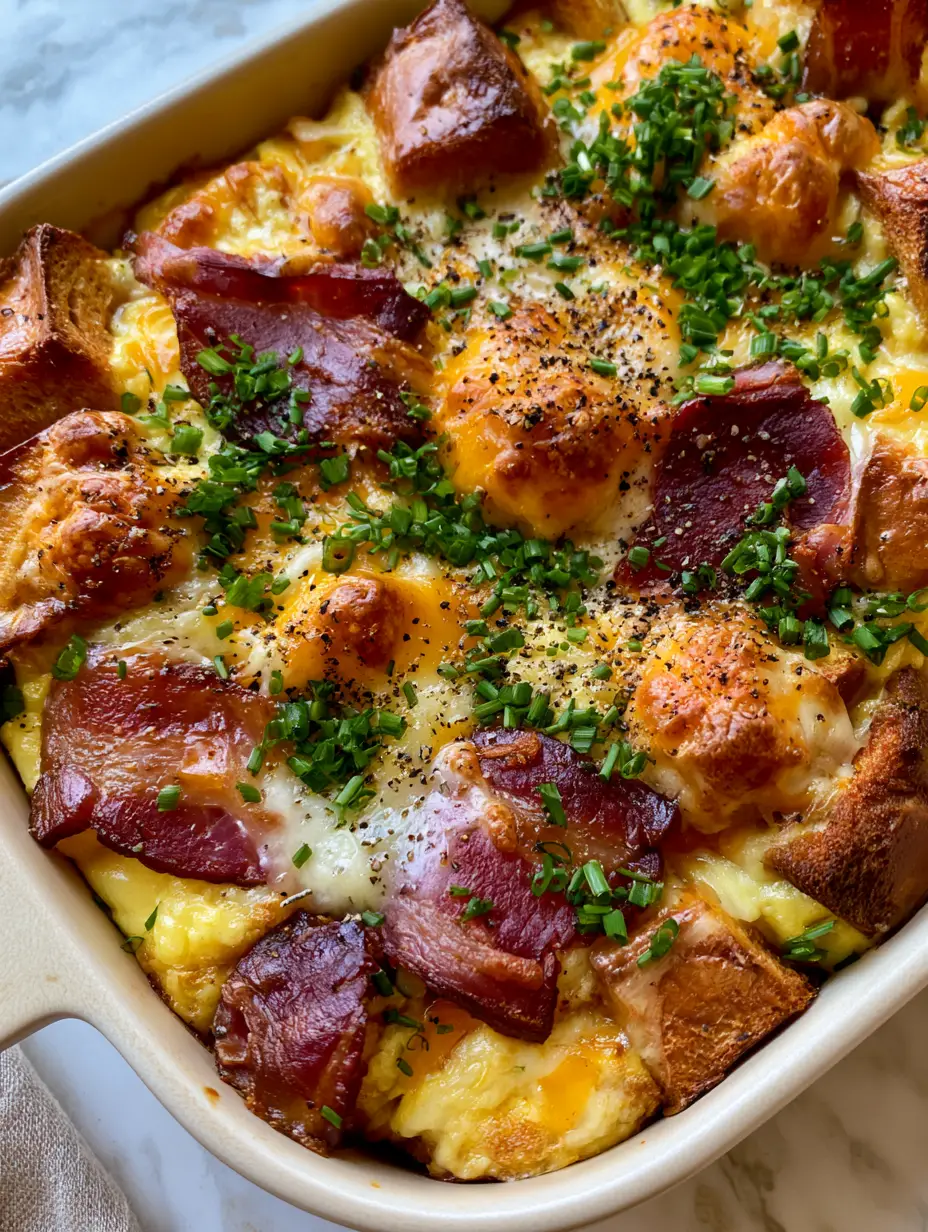 Bacon Egg and Cheese Breakfast Casserole: The Ultimate Brioche Brunch Bake 3 Close-up of bubbling monterey jack and cheddar cheese on top of a Bacon Egg and Cheese Breakfast Casserole.