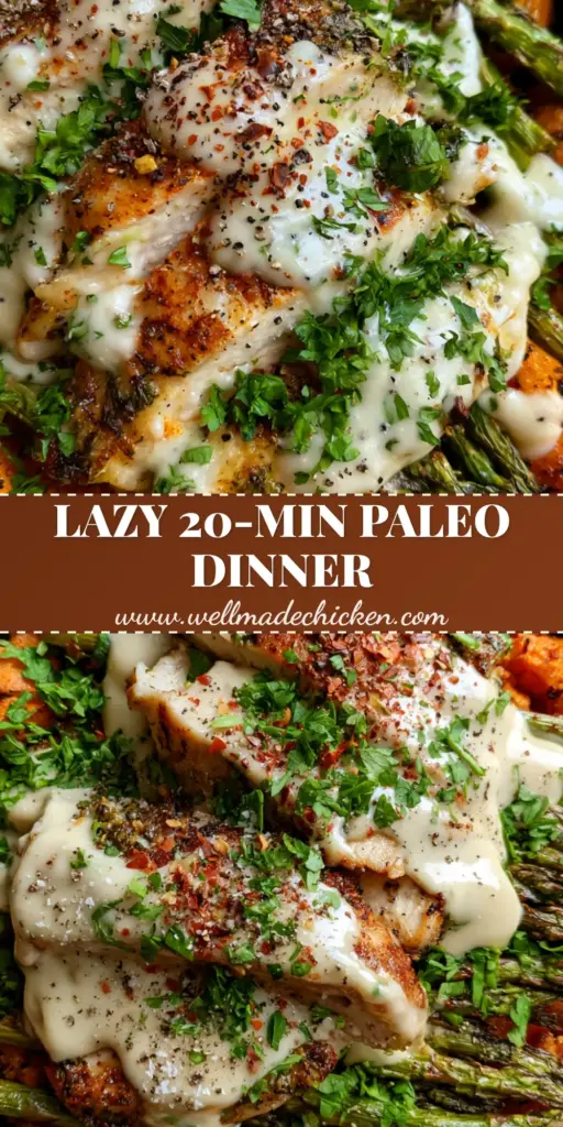Quick Paleo Dinner Recipes: Herb-Crusted Chicken and Caramelized Sweet Potato Skillet 4 A top-down view of a cast iron skillet featuring seared herb-crusted chicken slices, charred asparagus, and caramelized sweet potatoes drizzled with coconut garlic sauce. (Quick paleo dinner recipes)