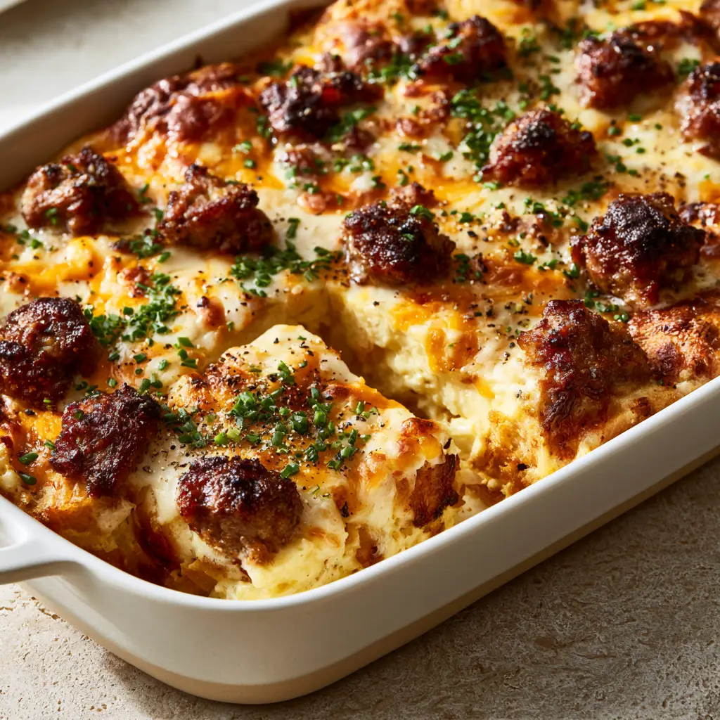 Sausage and Cheese Breakfast Casserole with Toasted Sourdough 1 Close-up of browned pork sausage crumbles and melted cheese on top of a sausage and cheese breakfast casserole garnish with chives.