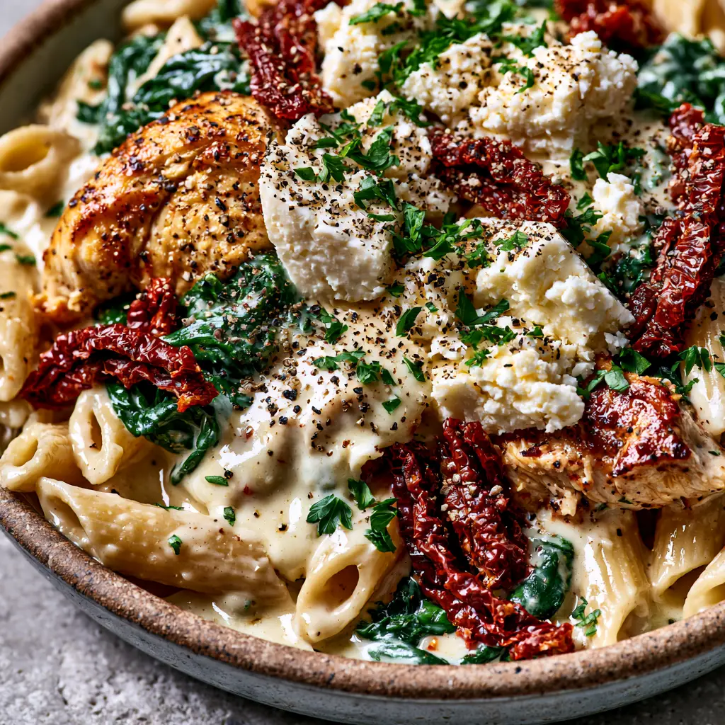 Mediterranean Chicken Feta Pasta with Sun-Dried Tomatoes 1 A top-down view of Mediterranean Chicken Feta Pasta showing wilted spinach, deep-red sun-dried tomatoes, and softened feta cheese.