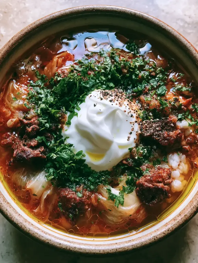 Cabbage Roll Soup: The Ultimate Hearty One-Pot Recipe 1 Rustic bowl of cabbage roll soup topped with melting sour cream, fresh parsley, and cracked black pepper.
