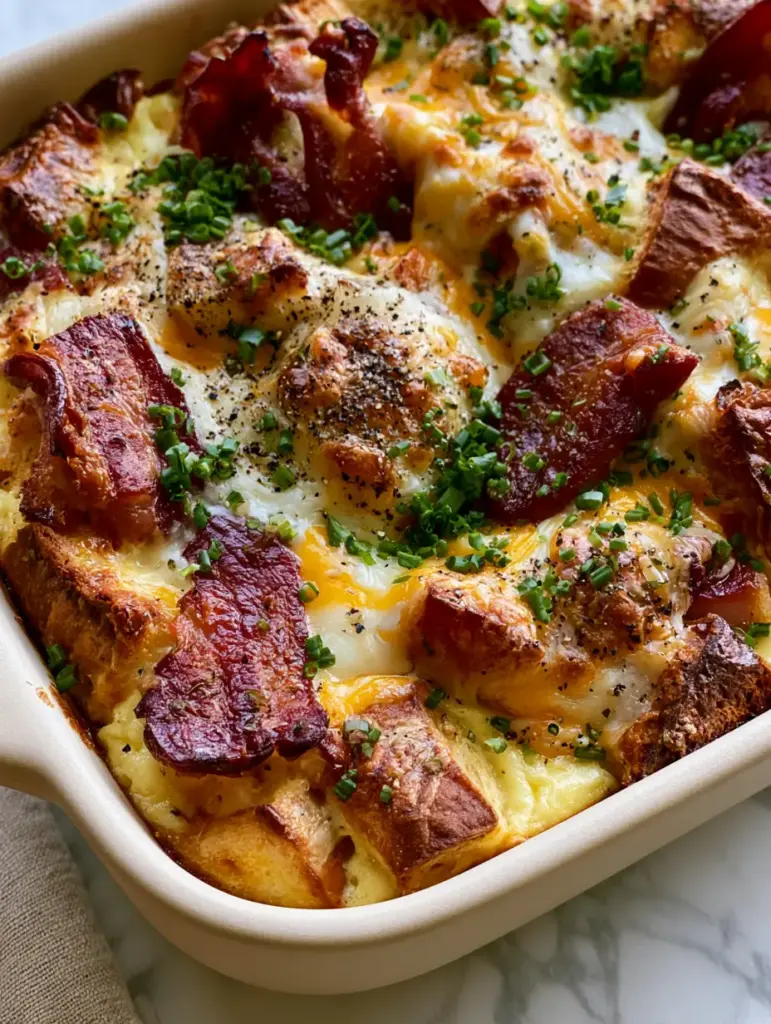 Bacon Egg and Cheese Breakfast Casserole: The Ultimate Brioche Brunch Bake 1 45-degree angle of a Bacon Egg and Cheese Breakfast Casserole showing the texture of toasted brioche cubes.