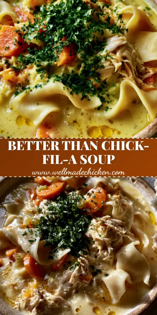 Chick-fil-A chicken noodle soup: The Ultimate Hearty Copycat Recipe 3 A close-up vertical shot of Chick-fil-A chicken noodle soup in a rustic bowl with wide wavy noodles and golden broth droplets.