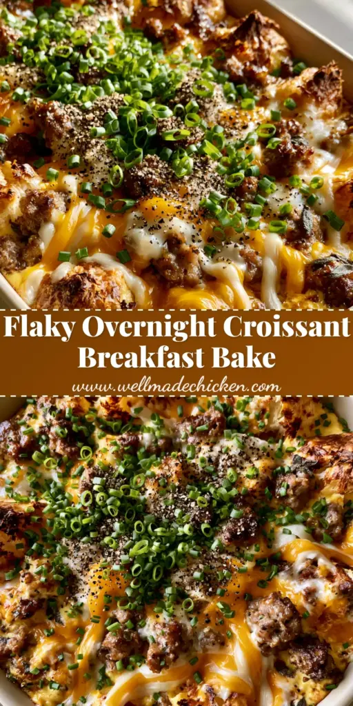 A close-up vertical shot of a Croissant omelet breakfast casserole in a cream dish with toasted peaks, melted gruyere, and fresh chives.
