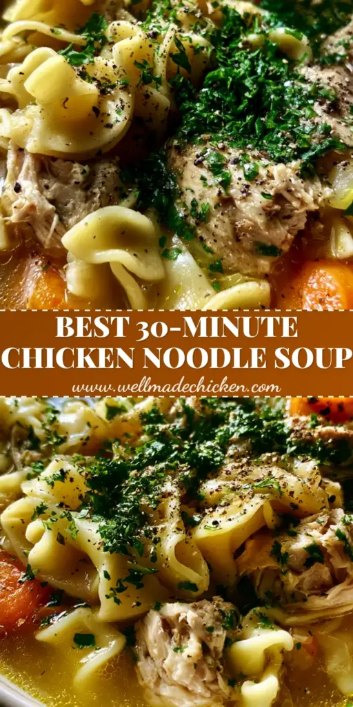 Homestyle Chicken Noodle Soup: The Ultimate Comfort Food Recipe 3 A steaming ceramic bowl of Homestyle Chicken Noodle Soup with thick wavy egg noodles, shredded chicken, and golden broth on a wooden table.