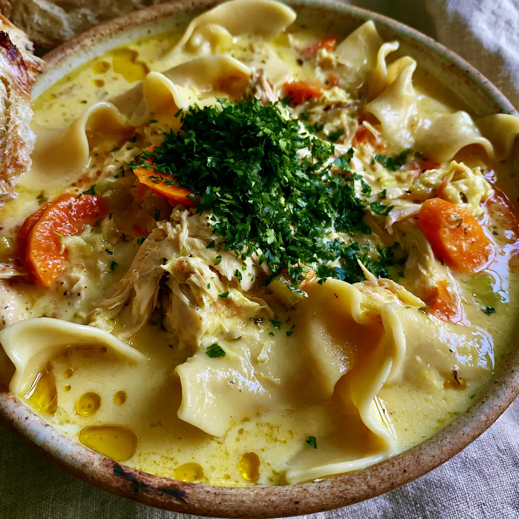 Chick-fil-A chicken noodle soup: The Ultimate Hearty Copycat Recipe 2 A smartphone photo of a rustic ceramic bowl filled with Chick-fil-A chicken noodle soup, featuring thick golden broth and oversized wavy egg noodles.