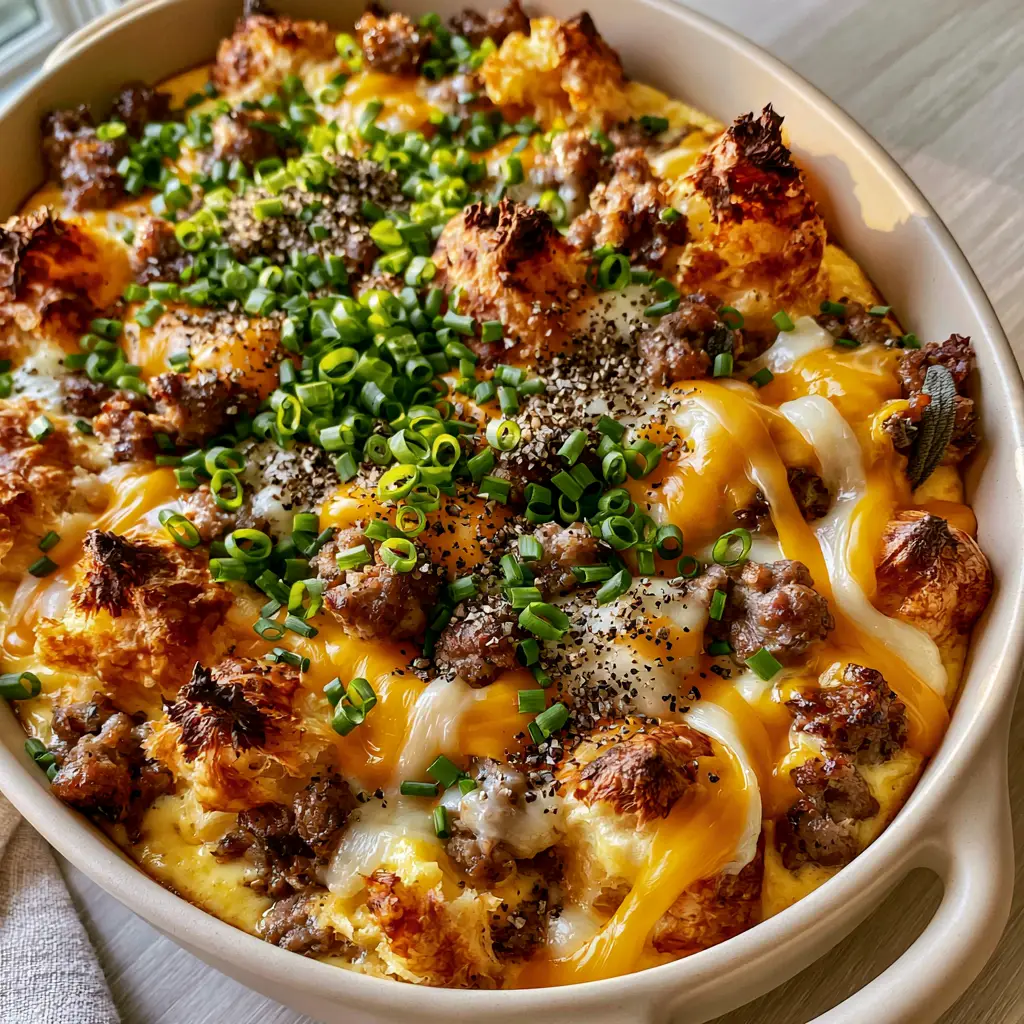 Top-down photo of a Croissant omelet breakfast casserole showing bubbly cheddar cheese and sage sausage crumbles.