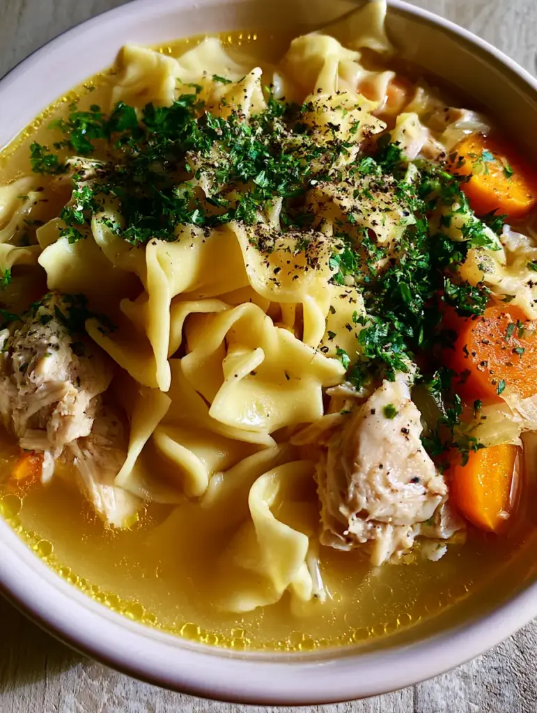 Homestyle Chicken Noodle Soup: The Ultimate Comfort Food Recipe 2 Extreme close-up of Homestyle Chicken Noodle Soup showing golden broth droplets, pulled white meat chicken, and fresh parsley.