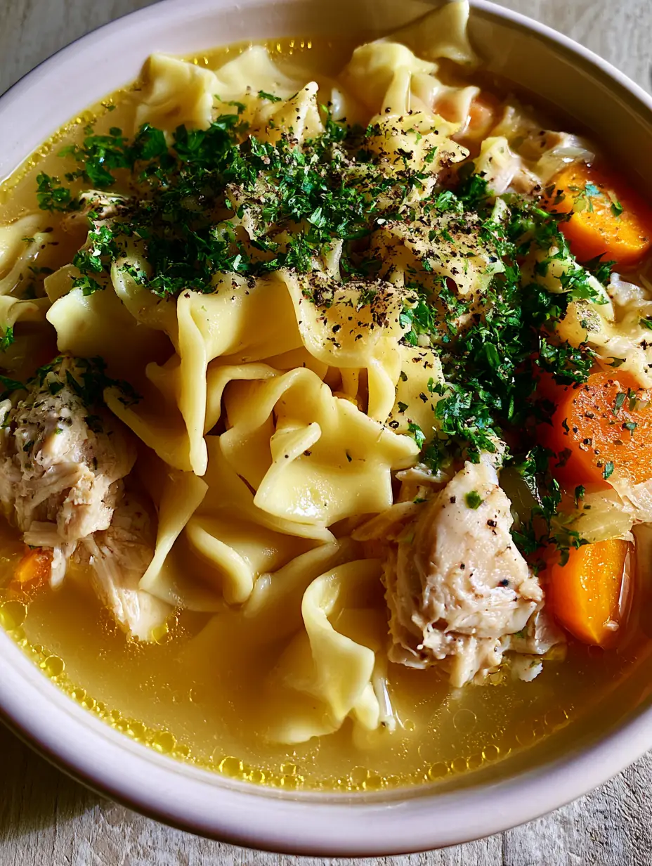 Homestyle Chicken Noodle Soup: The Ultimate Comfort Food Recipe 4 Extreme close-up of Homestyle Chicken Noodle Soup showing golden broth droplets, pulled white meat chicken, and fresh parsley.
