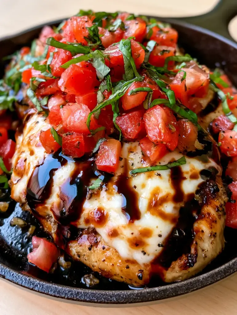 Bruschetta Chicken with Melted Mozzarella and Thick Balsamic Glaze 2 Extreme close-up of seared bruschetta chicken with melted mozzarella and fresh basil ribbons in a cast iron pan.