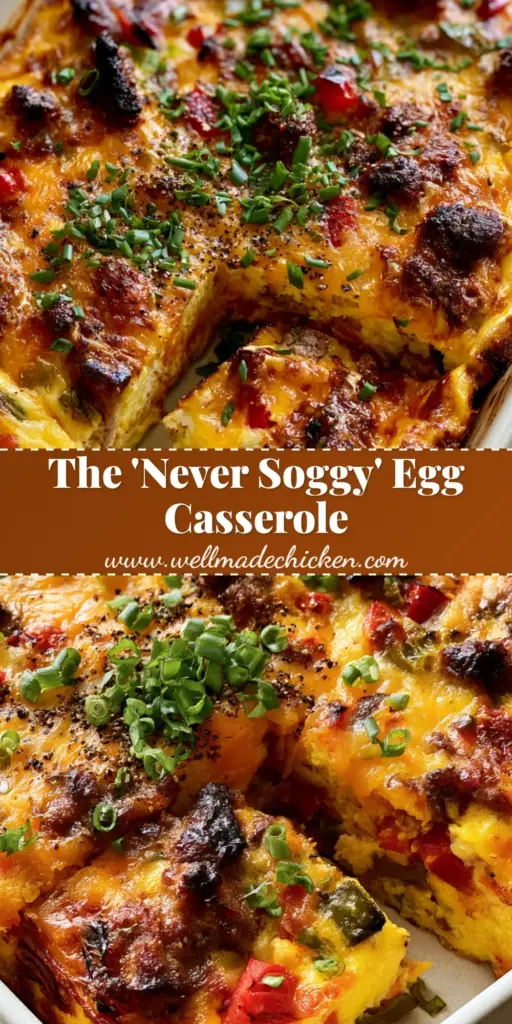 Breakfast Egg Casserole with Sausage and Charred Peppers 3 A thick, firm-set breakfast egg casserole in a white ceramic dish with a golden cheese crust and charred peppers. (breakfast egg casserole)