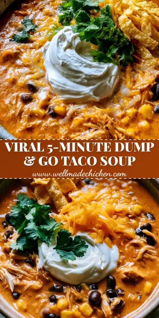 Crockpot Taco Soup: The Creamiest Slow Cooker Chicken Recipe 4 A top-down close-up of Creamy Crockpot Taco Soup in a ceramic bowl with shredded chicken, a sour cream swirl, and tortilla strips.