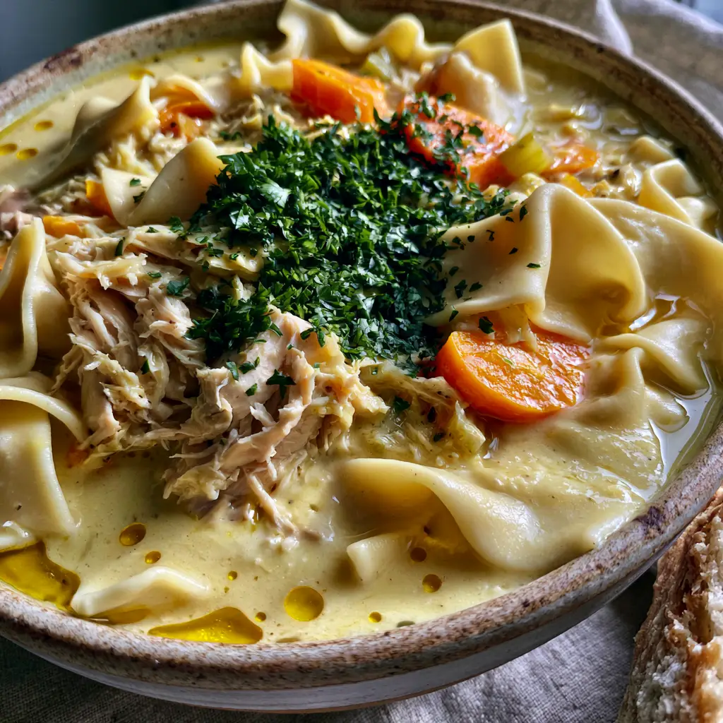 Chick-fil-A chicken noodle soup: The Ultimate Hearty Copycat Recipe 1 Close up view of the velvety texture of Chick-fil-A chicken noodle soup with bright green parsley garnish.