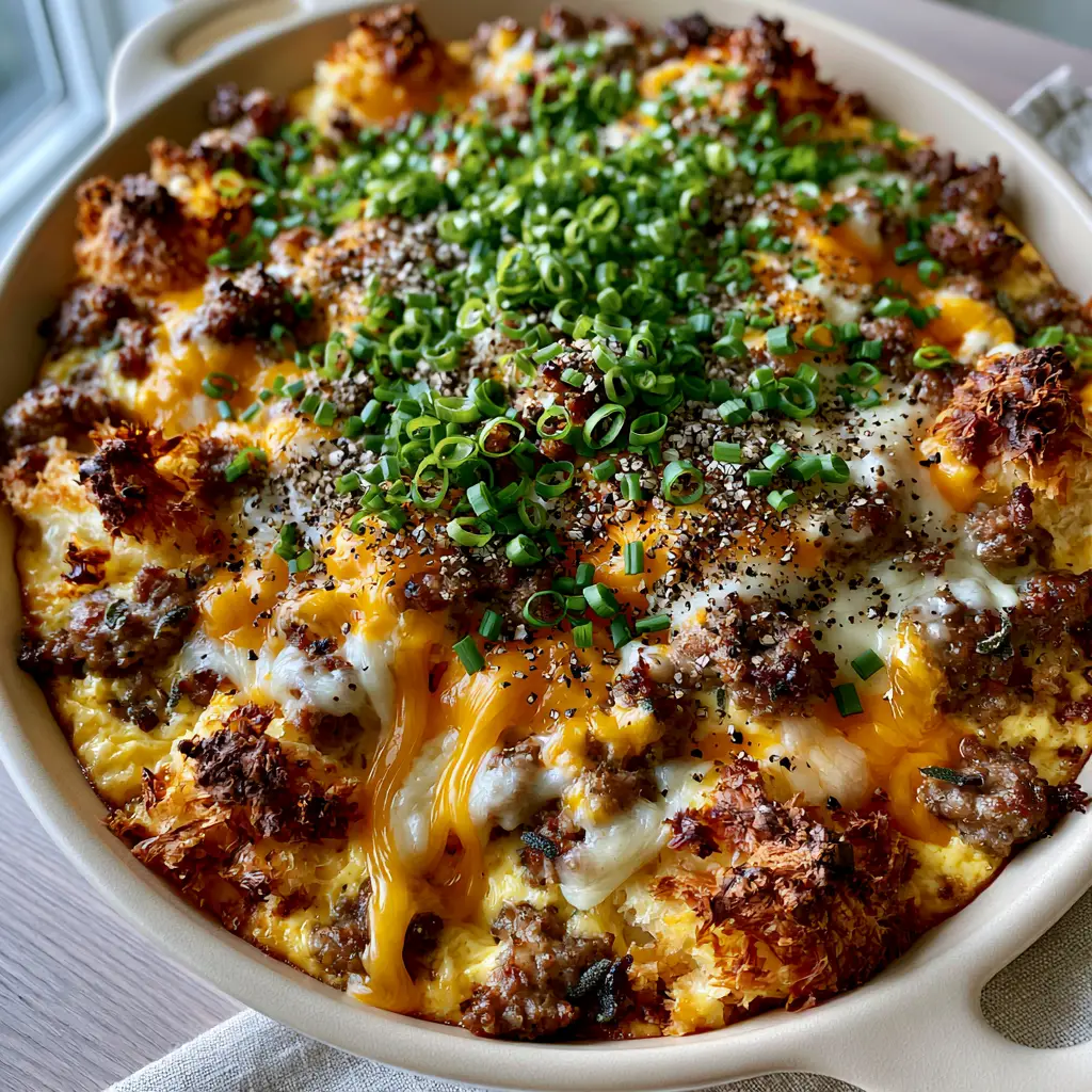 A smartphone-style photo of a finished Croissant omelet breakfast casserole in a matte cream stoneware dish.