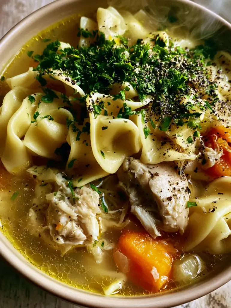 Homestyle Chicken Noodle Soup: The Ultimate Comfort Food Recipe 1 Top-down view of wavy egg noodles and orange carrot rounds in a bowl of Homestyle Chicken Noodle Soup.