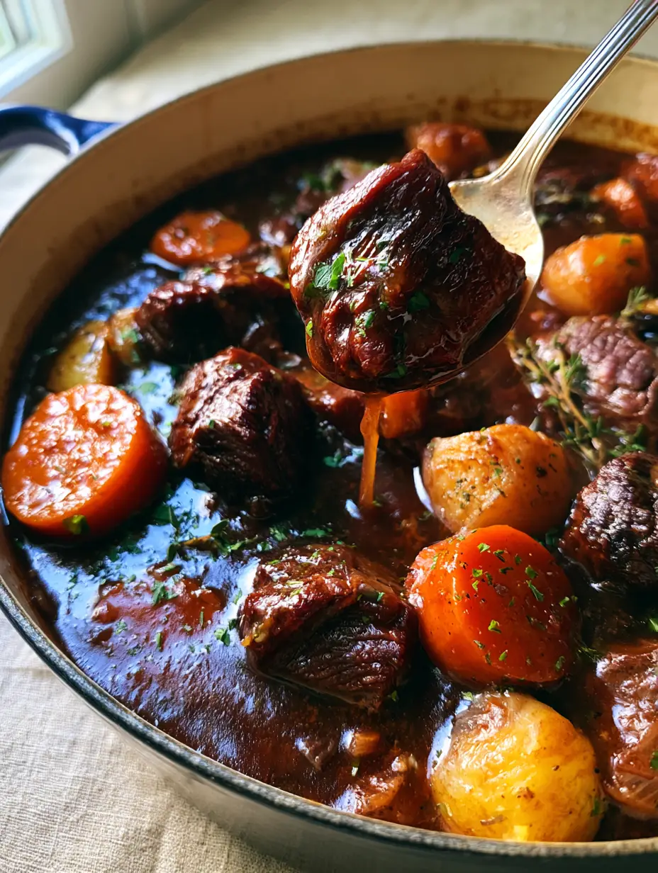Beef Stew with Red Wine, Pearl Onions, and Glossy Root Vegetables 4 A silver spoon lifting a fork-tender chunk of seared beef from a dark, glossy beef stew gravy in a navy blue pot.