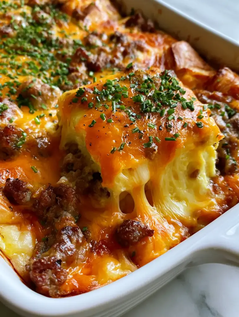Close-up of a square slice of breakfast casserole showing the silky yellow egg custard and melted cheese pull. (Casserole)