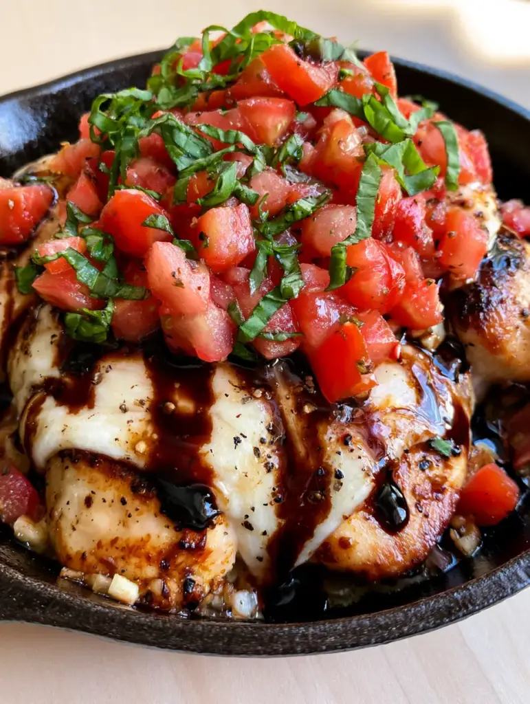 Bruschetta Chicken with Melted Mozzarella and Thick Balsamic Glaze 1 A glossy mahogany balsamic glaze drizzled over melted cheese and diced tomatoes on a chicken breast.