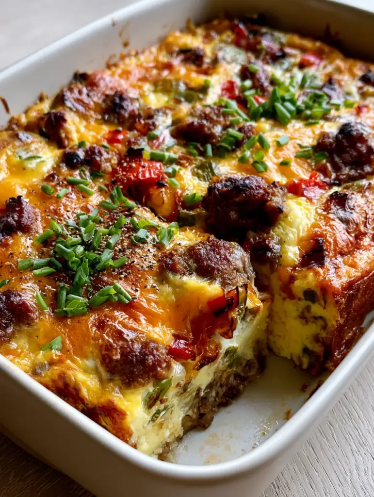 Top-down view of a golden-brown toasted cheddar cheese crust on a breakfast egg casserole. (breakfast egg casserole)