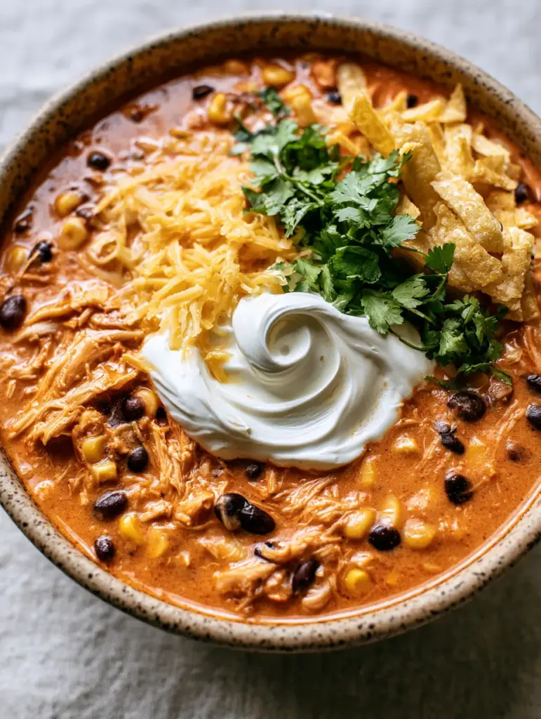 Crockpot Taco Soup: The Creamiest Slow Cooker Chicken Recipe 2 A close-up handheld smartphone photo of Crockpot Taco Soup showing the sunset-orange broth and golden corn.
