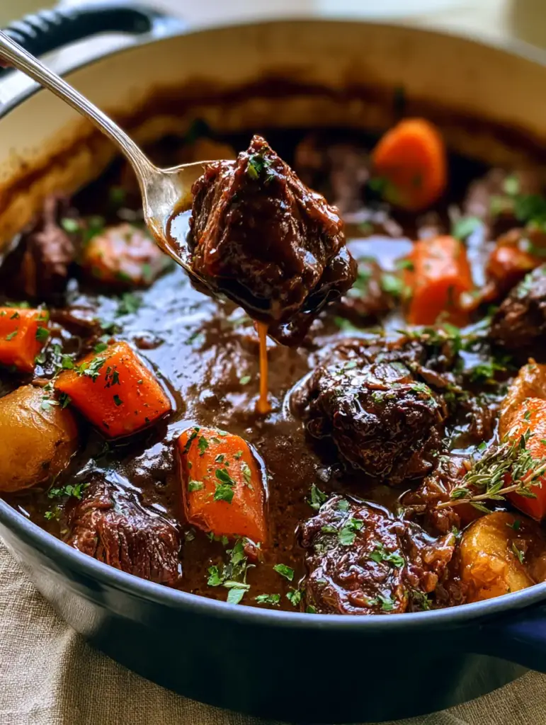 Beef Stew with Red Wine, Pearl Onions, and Glossy Root Vegetables 1 Overhead view of beef stew with vibrant orange carrots, golden potatoes, pearl onions, and fresh thyme sprigs in a navy blue enameled cast iron pot.