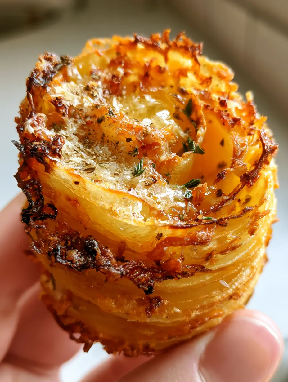 Close up of golden-brown potato stacks with visible bits of toasted parmesan and fresh thyme.