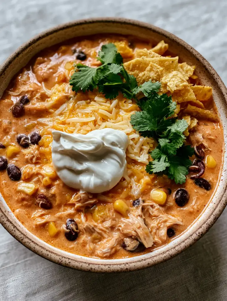 Crockpot Taco Soup: The Creamiest Slow Cooker Chicken Recipe 1 Crockpot Taco Soup garnished with melting cheddar cheese, fresh cilantro, and crispy tortilla strips in a rustic bowl.