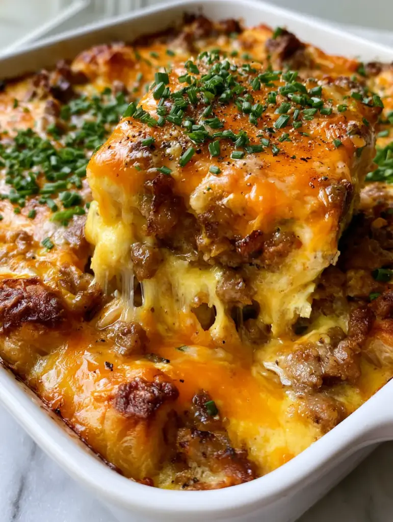 Casserole Recipes: The Ultimate Overnight Crescent Roll Sausage Breakfast Bake 1 Overhead view of a ceramic baking dish filled with crescent roll breakfast casserole, toasted cheese edges, and fresh chives.