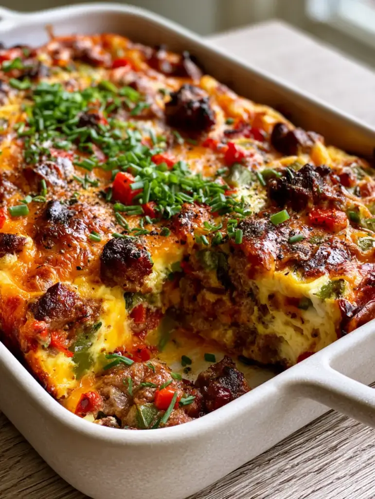 Breakfast Egg Casserole with Sausage and Charred Peppers 1 Close up of a square slice of breakfast egg casserole showing a dense, bread-free cross section. (breakfast egg casserole)