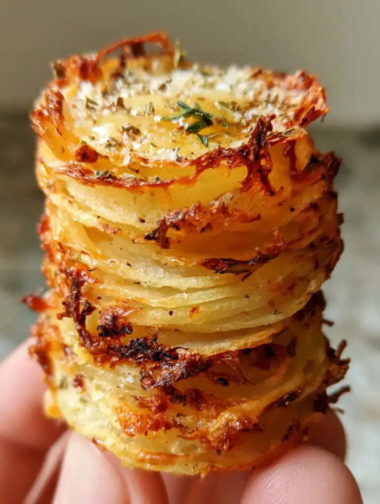 A cylindrical potato stack with extremely crispy, lacey edges and melted garlic butter.