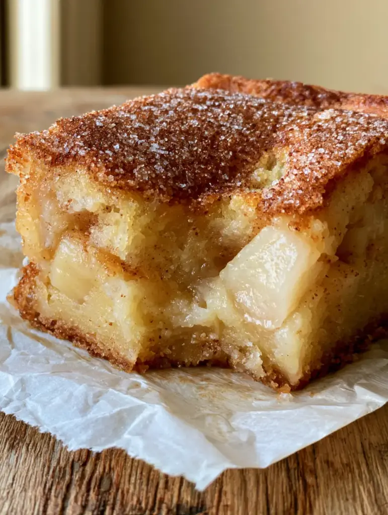 Close-up photo of an Apple Snickerdoodle Bar with a bite taken out, showing the gooey center and translucent apple chunks. (Apple Snickerdoodle Bars)