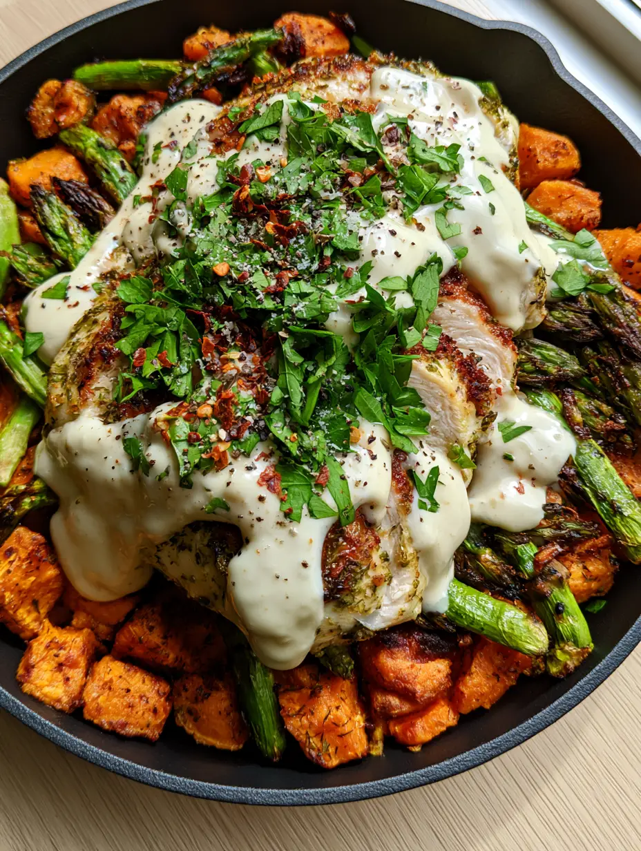Quick Paleo Dinner Recipes: Herb-Crusted Chicken and Caramelized Sweet Potato Skillet 3 Detailed shot of seared herb-crusted chicken strips nestled among charred green asparagus and blistered cherry tomatoes in a black skillet. (Quick paleo dinner recipes)