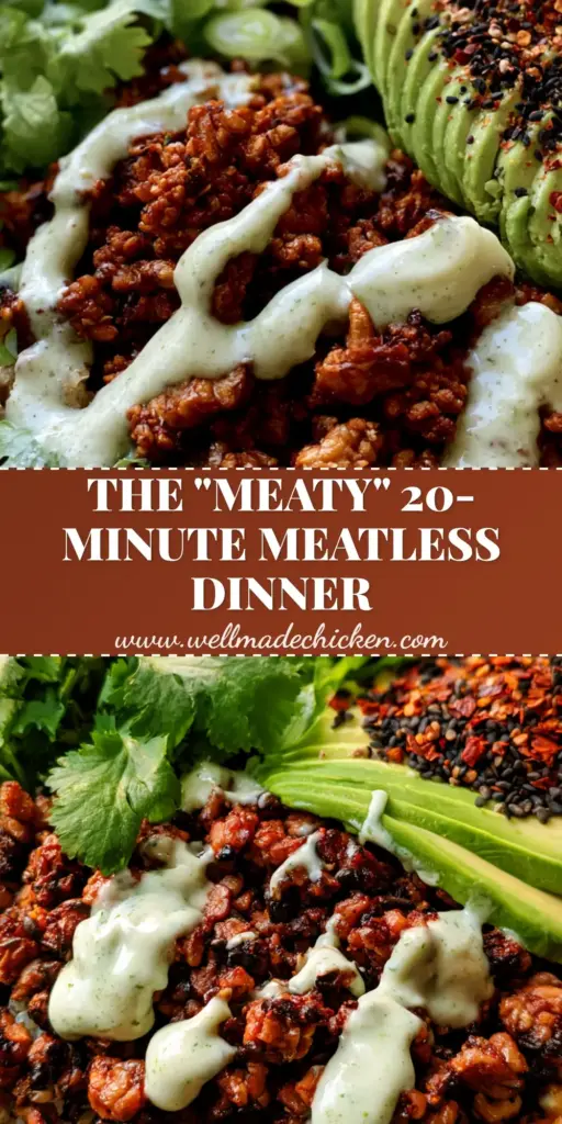 Meatless Dinner Recipes: Crispy Umami Tempeh & Quinoa Power Bowls 4 A vibrant high-protein power bowl with umami-glazed tempeh, avocado, and lime crema, perfect for meatless dinner recipes.